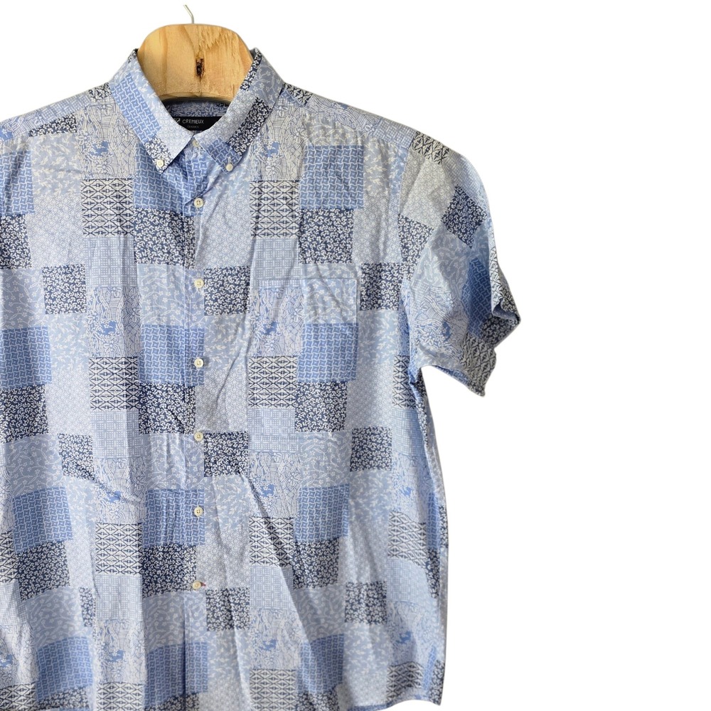 Cremieux Classics Mens XL Blue White Patchwork Cotton Short Sleeve Button Down